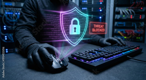 Threat blocked notification appears on holographic screen while person in black gloves uses computer in server room