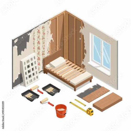 Isometric Bedroom Renovation Project with Tools and Materials.