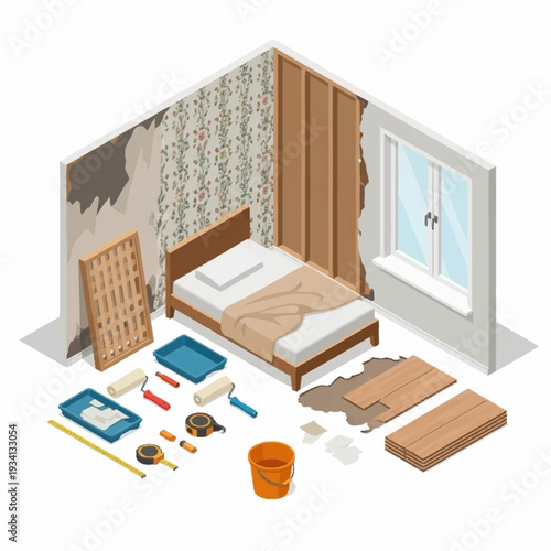 Isometric Bedroom Renovation with Bed and Tools.