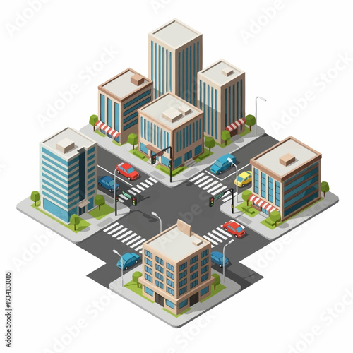 Isometric city block with buildings, roads, and cars.