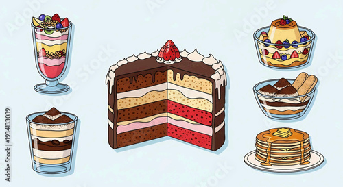Assorted sweet treats including layered cake, pancakes, and desserts displayed together on a clean background from a straightforward viewpoint