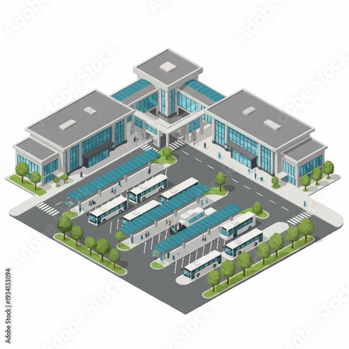 Isometric Bus Station and Terminal Building with Buses and People.