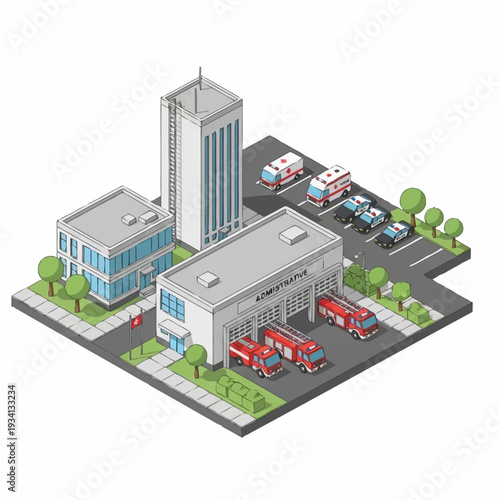 Isometric Fire Station and Emergency Services Complex with Vehicles and Buildings.
