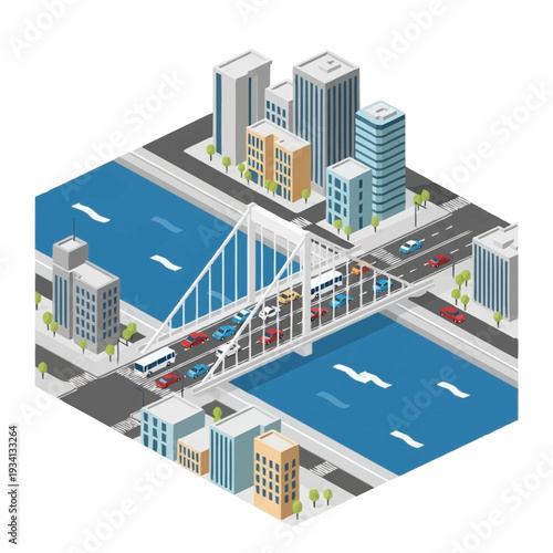 Isometric Cityscape with Bridge and River.