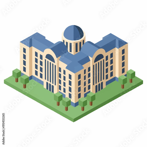 Isometric illustration of a grand university building with a dome.