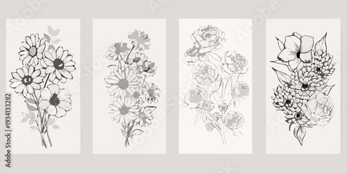 Four botanical illustrations of delicate flowers in grayscale tones