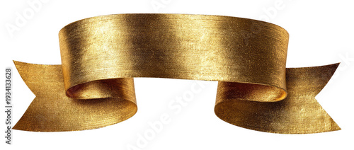 A realistic, three-dimensional golden ribbon with curled ends and a rough texture set against black