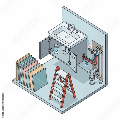 Isometric illustration of a bathroom sink with exposed plumbing and construction materials.