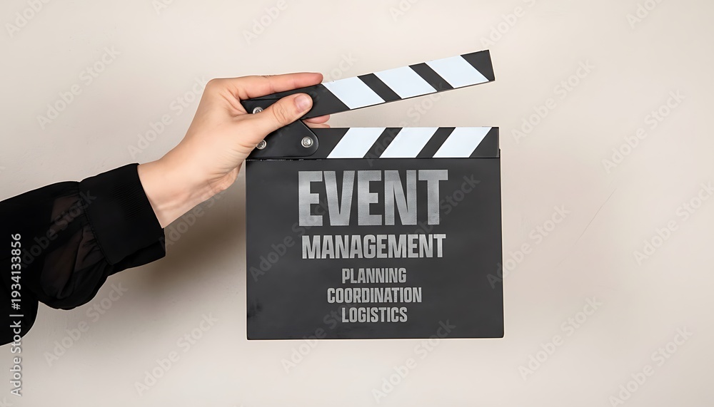 Obraz premium Clapperboard with event management text for planning, coordination and logistics concept, held by hand on neutral background featuring film slate, movie slate, video production with filmmaking and