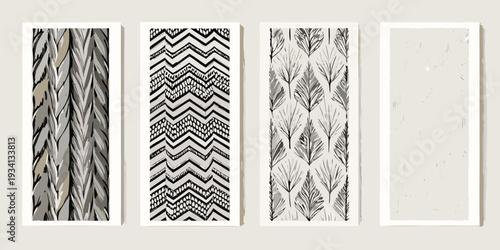 Four framed abstract art prints featuring geometric and organic patterns