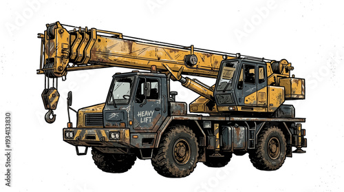Yellow mobile crane on white background, heavy lift vehicle