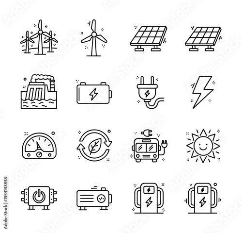 Collection of clean energy and renewable power source icons in a simple line art style