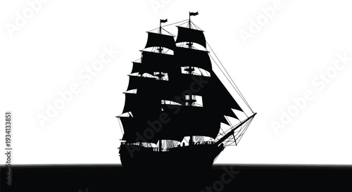 Silhouette of a majestic sailing ship against a bright white background