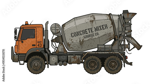 Concrete mixer truck illustration, construction vehicle, industrial transport