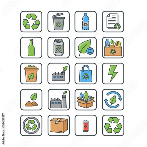 Collection of eco-friendly icons representing recycling and sustainability concepts