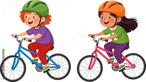 Two Kids Riding Bikes with Helmets, Fun and Active Outdoor Activity for Children, Healthy Lifestyle Illustration for Kids Playtime