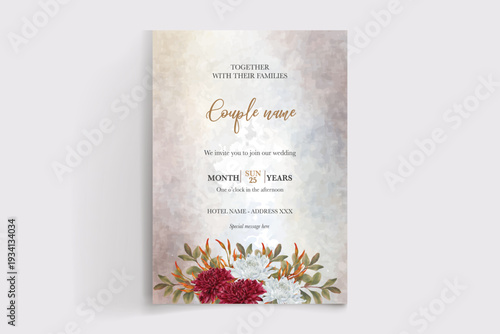 WEDDING INVITATION FRAME WITH FLOWER DECORATIONS AND FRESH LEAVES