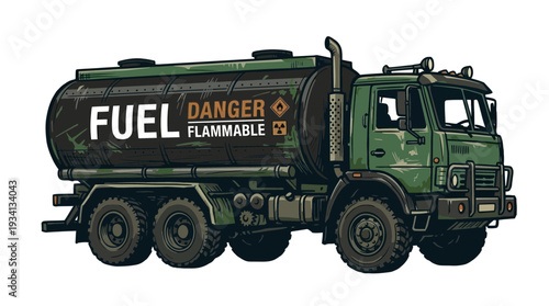 Fuel Tanker Truck Illustration with Danger Flammable Warning