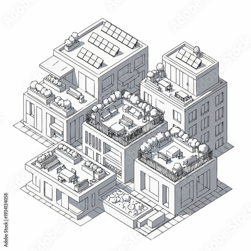 Isometric sketch of modern buildings with rooftop gardens and solar panels.