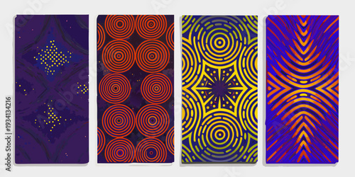 Four vibrant abstract panels displaying colorful swirling and geometric patterns