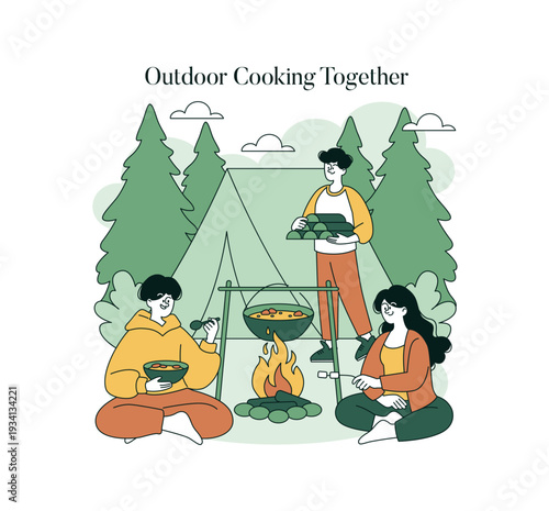 Outdoor Cooking with Friends Vector Illustration