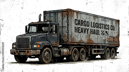 Grungy, Rusted Semi Truck with Cargo Container, Heavy Haul, Logistics