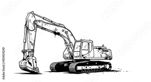 Heavy excavator on white background, line art illustration