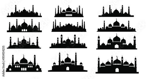 Silhouette collection of islamic mosques and crescent moon motifs