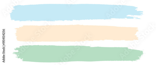 Three horizontal brush strokes in light blue, peach, and mint green on a white background