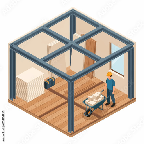 Isometric view of a construction worker with a wheelbarrow inside a building frame.