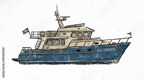 Illustration of a blue motor yacht named Sea Dragon on white background