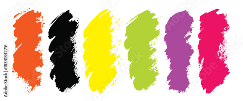 Colorful abstract paint splashes in orange black yellow green purple and pink