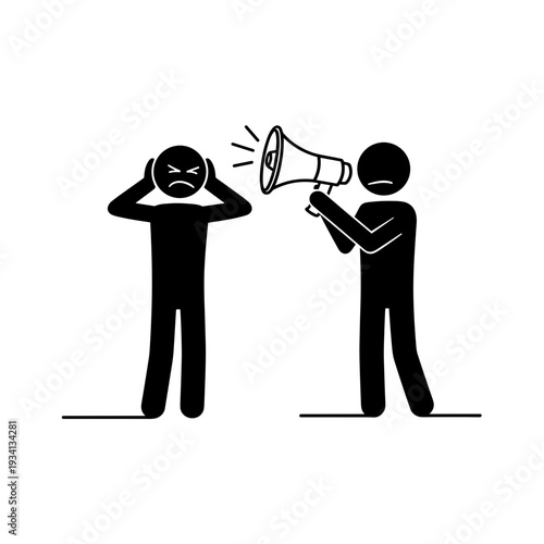 Angry person covering ears while another yells through a megaphone for advertising and social awareness campaigns