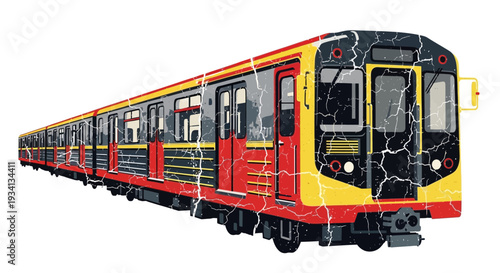 Retro electric train with cracked texture and cityscape background