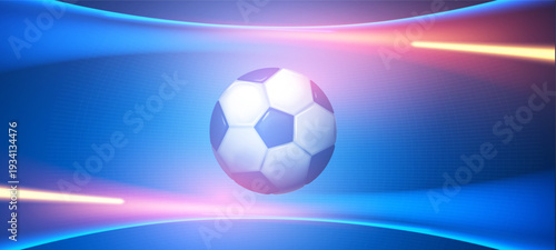 Soccer ball with speed and power light effect. Sports background. Match design.