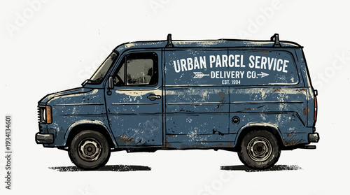 Vintage blue delivery van with "Urban Parcel Service" text, est. 1974