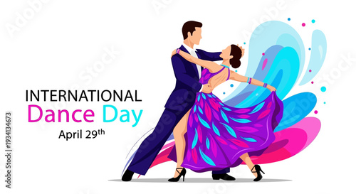 International Dance Day April 29th: Elegant Couple Dancing, Vibrant Celebration Illustration for Global Events