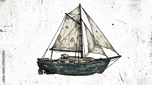 Vintage sailboat illustration, weathered, retro style, artistic rendering