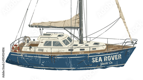 Vintage sailboat named Sea Rover, illustration on white background
