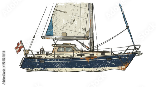 Vintage sailboat with Danish flag, distressed texture
