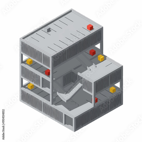 Isometric view of a multi-level parking garage structure.