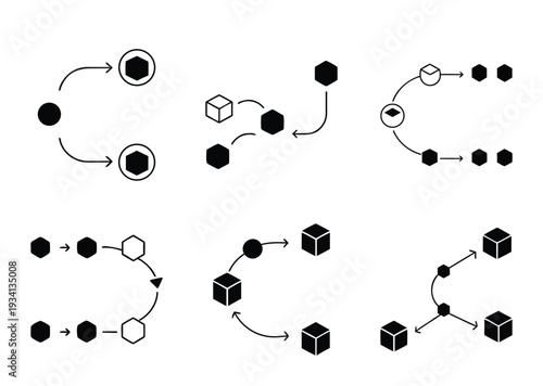 Diagram showing different process flows with cubes, circles and arrows on white background