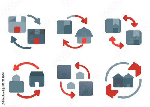 Illustrations depicting the exchange of property, items, and housing solutions