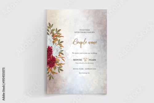 WEDDING INVITATION FRAME WITH FLOWER DECORATIONS AND FRESH LEAVES