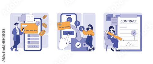 Financial Transactions and Contract Signing Vector Illustration