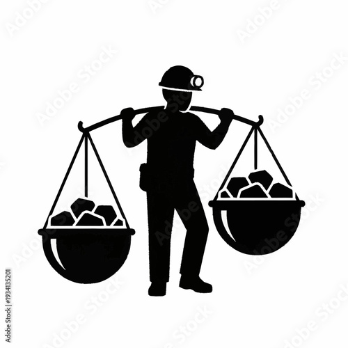 Miner carrying heavy loads of coal in baskets on a shoulder pole.
