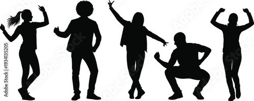 Black Silhouette Set Of Diverse People In Dynamic Poses Including Dancing, Jumping, And Cheering, Versatile Human Figures For Graphic Design.