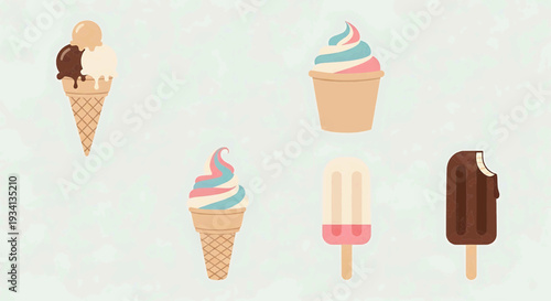 Colorful ice cream treats arranged on a light surface with cones and popsicle