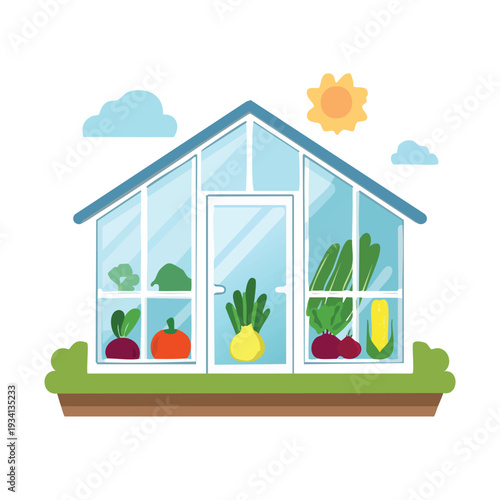 Greenhouse with vegetables and sun cartoon illustration