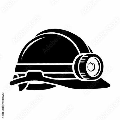 Mining hard hat with headlamp for safety and illumination.